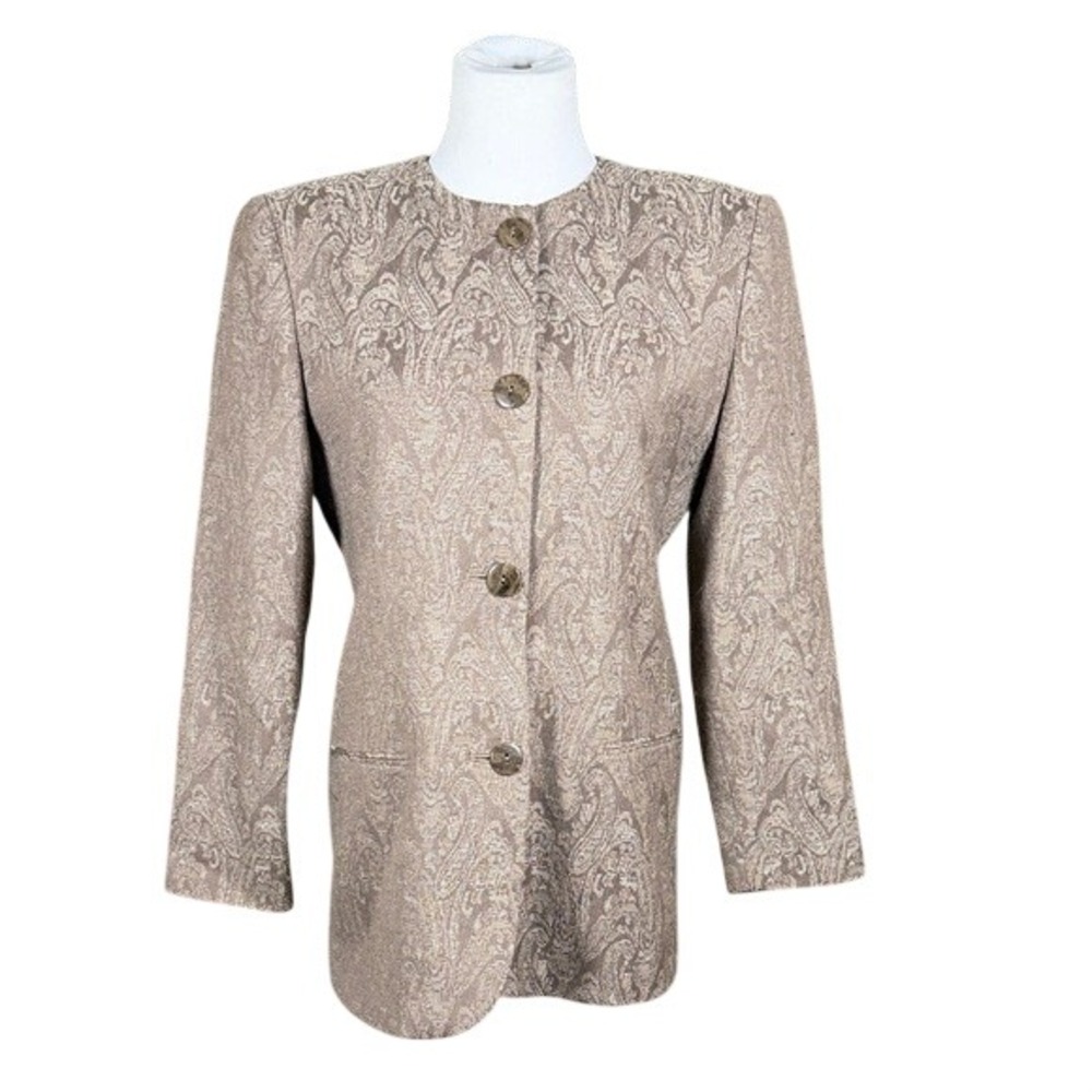 Valerie‎ Stevens Wool Blazer Womens 8P Paisley Jacquard Taupe Button Front